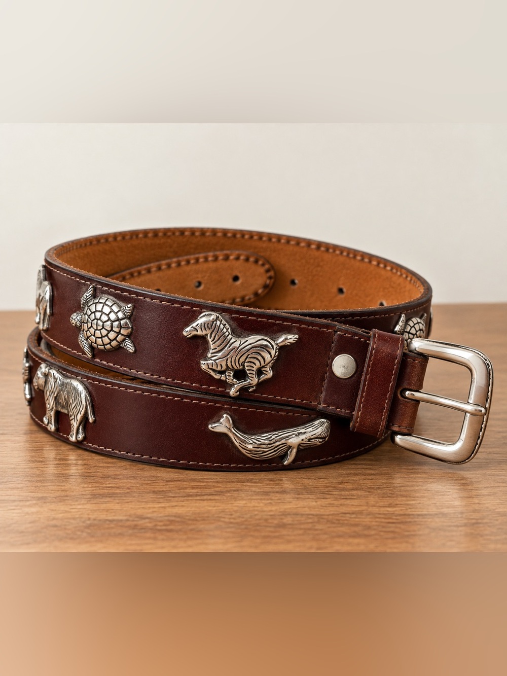 Vintage HONEST Brown Leather Safari Animal Concho Belt Size 30